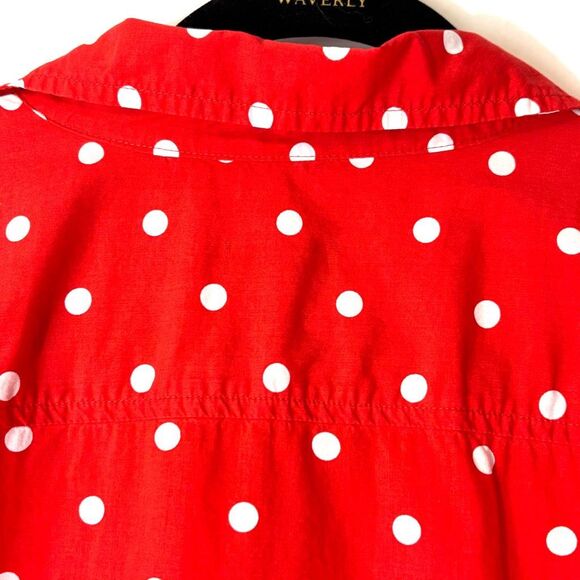 Talbots L red orange & white polka dot cotton button up collared shirt - Picture 7 of 11